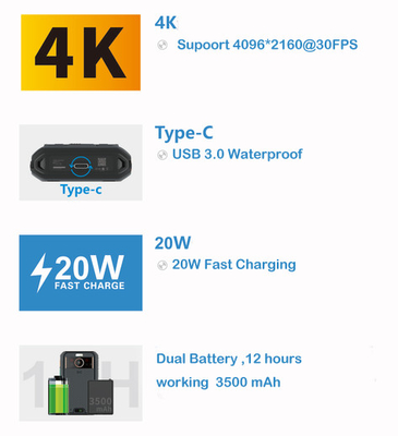 5G NR/SA थर्मल इमेजिंग बॉडी कैमरा 4K HD 3500mah डुअल बैटरी EIS 4G 64GB 3.1 इंच एलसीडी