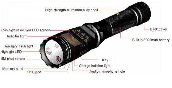 H.264 पुलिस सुरक्षा टॉर्च DVR मल्टी फंक्शनल 8000mAh बैटरी CE स्वीकृत